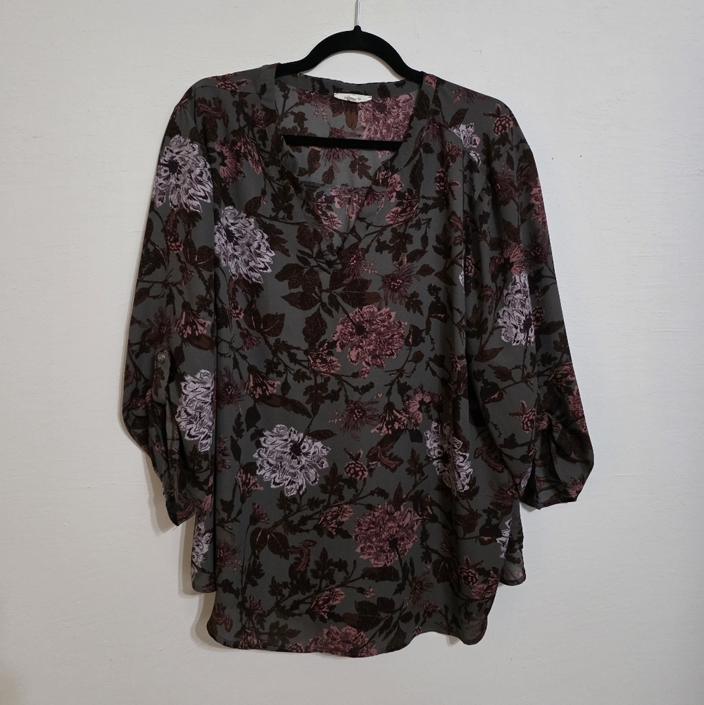 Maurices Dark Floral Blouse with Pink Accents